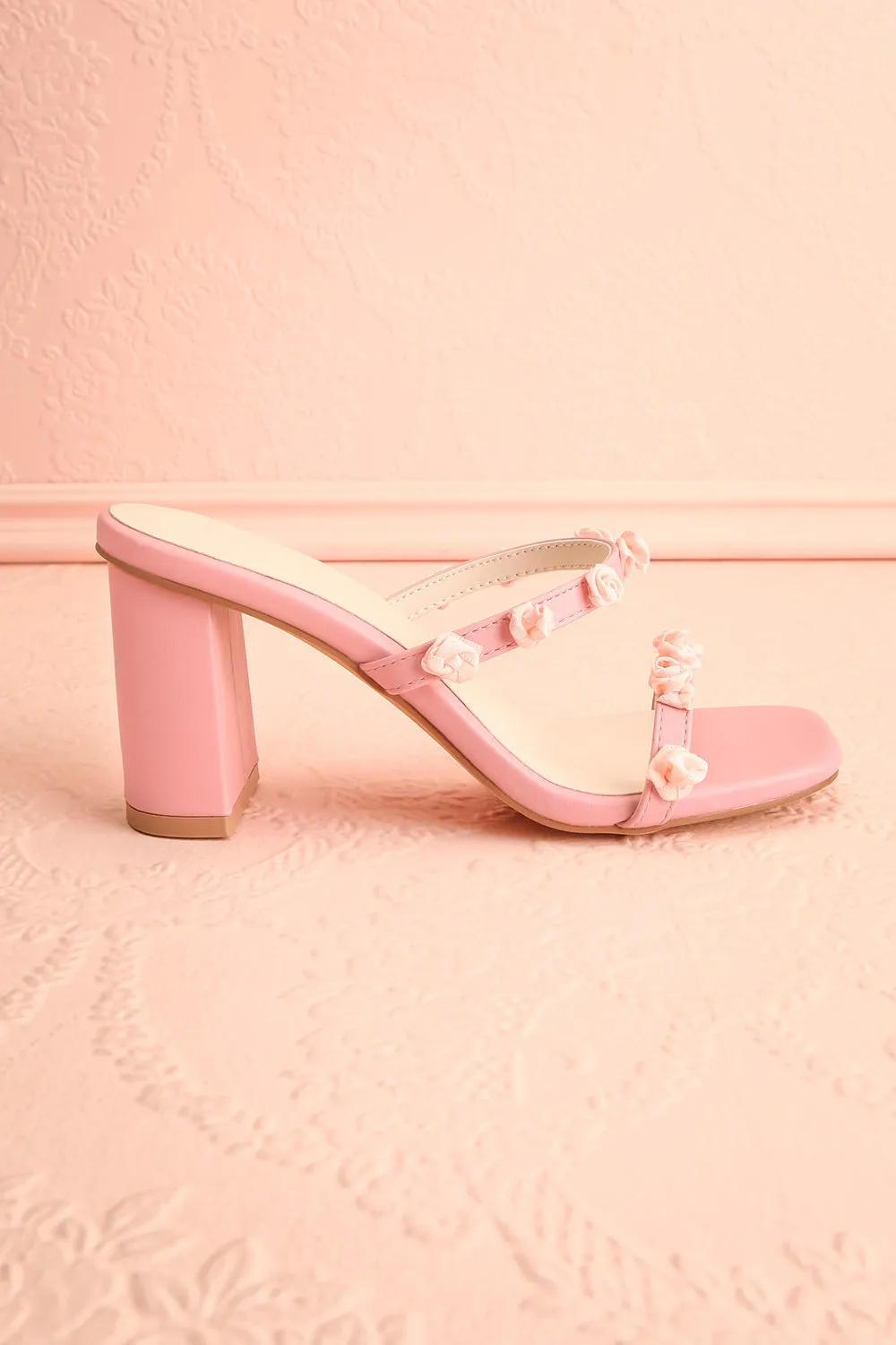 Synthicia Pink | Heeled Sandals w/ Rose Flowers