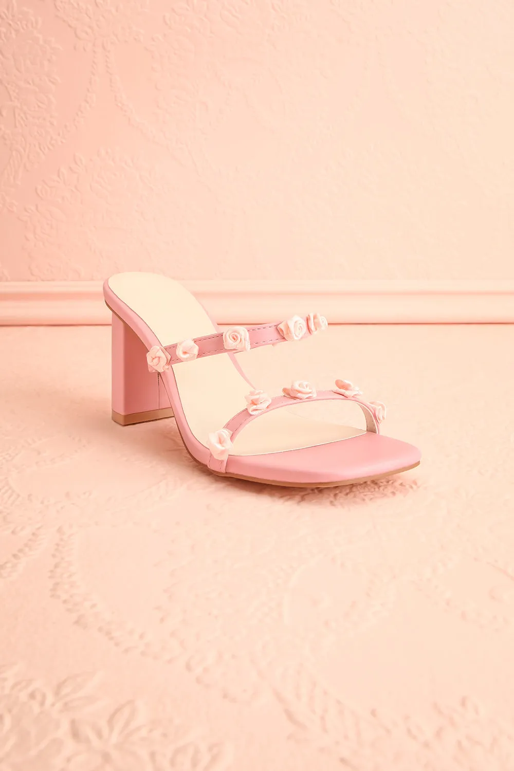 Synthicia Pink | Heeled Sandals w/ Rose Flowers
