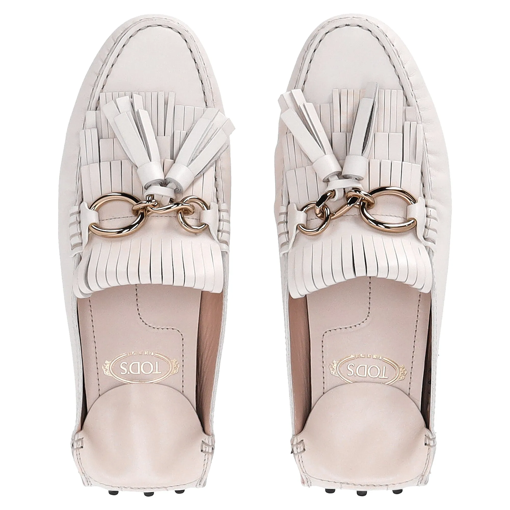 Tod's Tassel and Chain Detail Loafers in White Leather