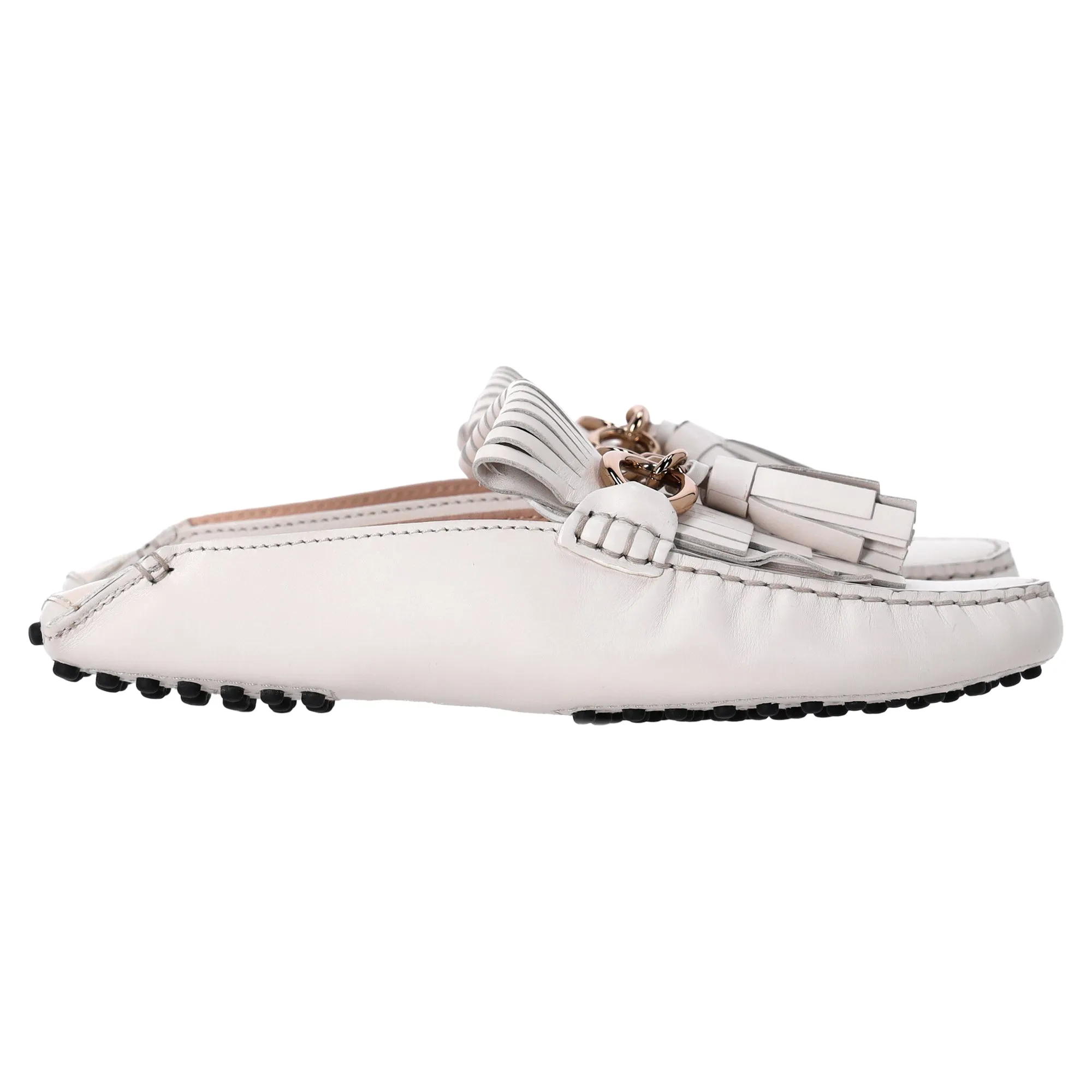 Tod's Tassel and Chain Detail Loafers in White Leather