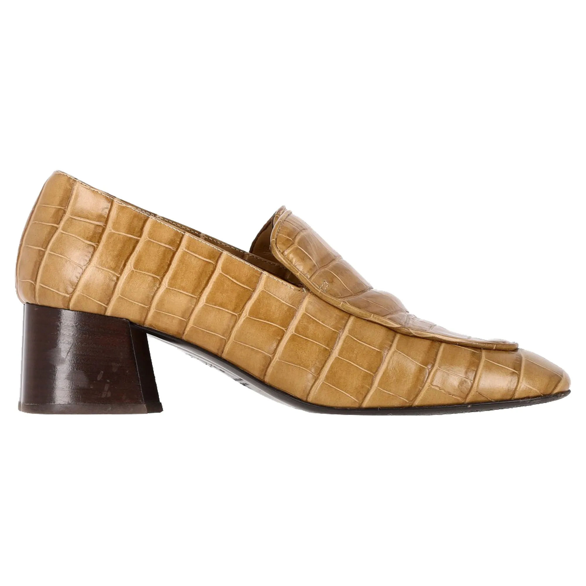 Totme Crocodile-Embossed Loafer Pumps in Brown Cowhide Leather