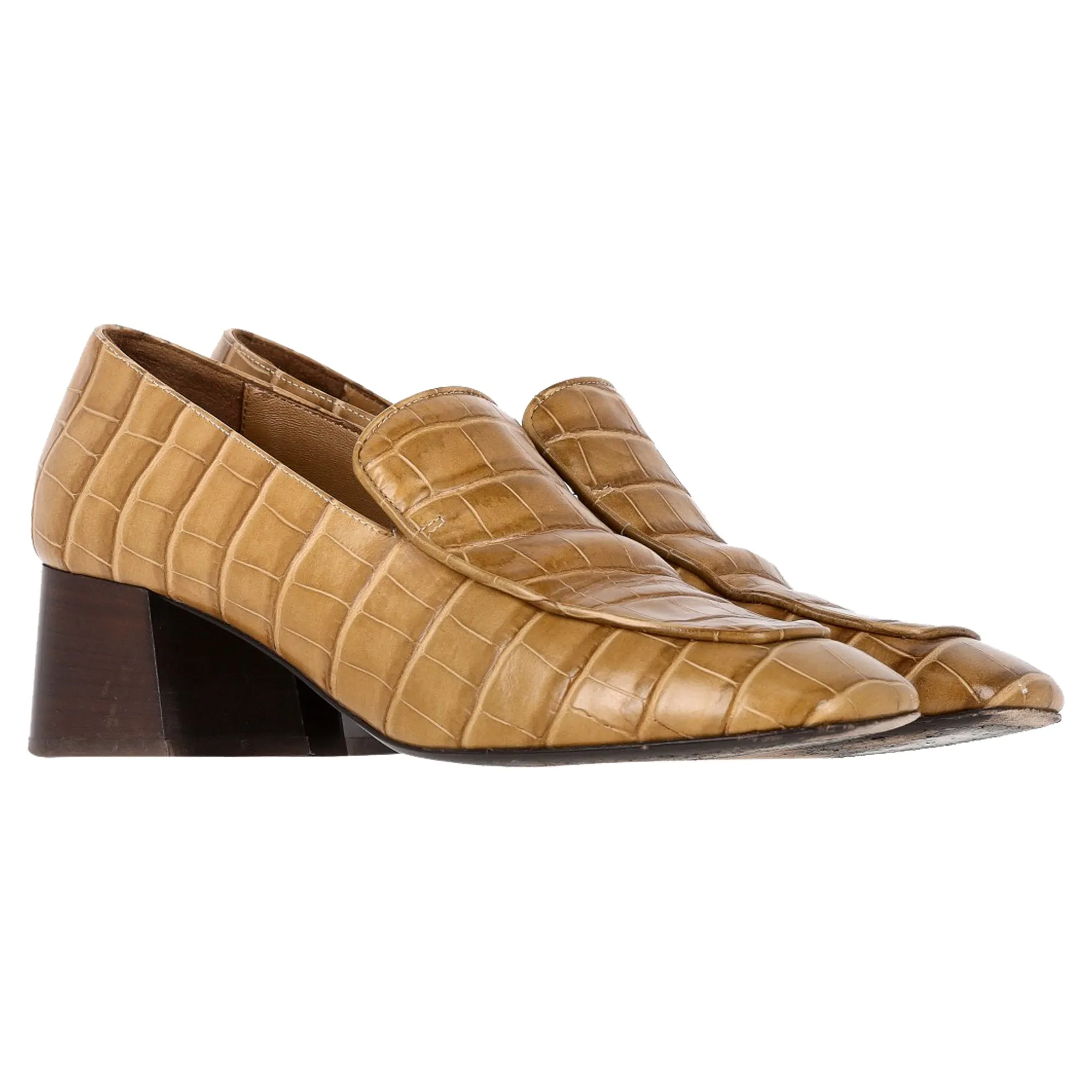 Totme Crocodile-Embossed Loafer Pumps in Brown Cowhide Leather