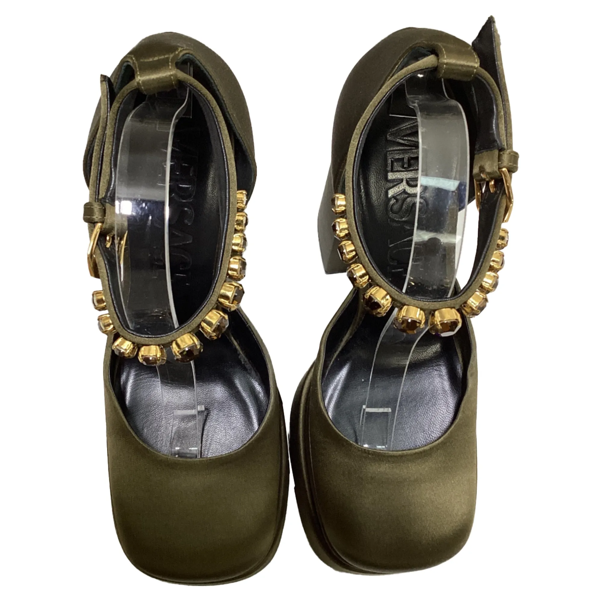 Versace Medusa Aevitas Ankle Strap Platform Pumps in Khaki Satin