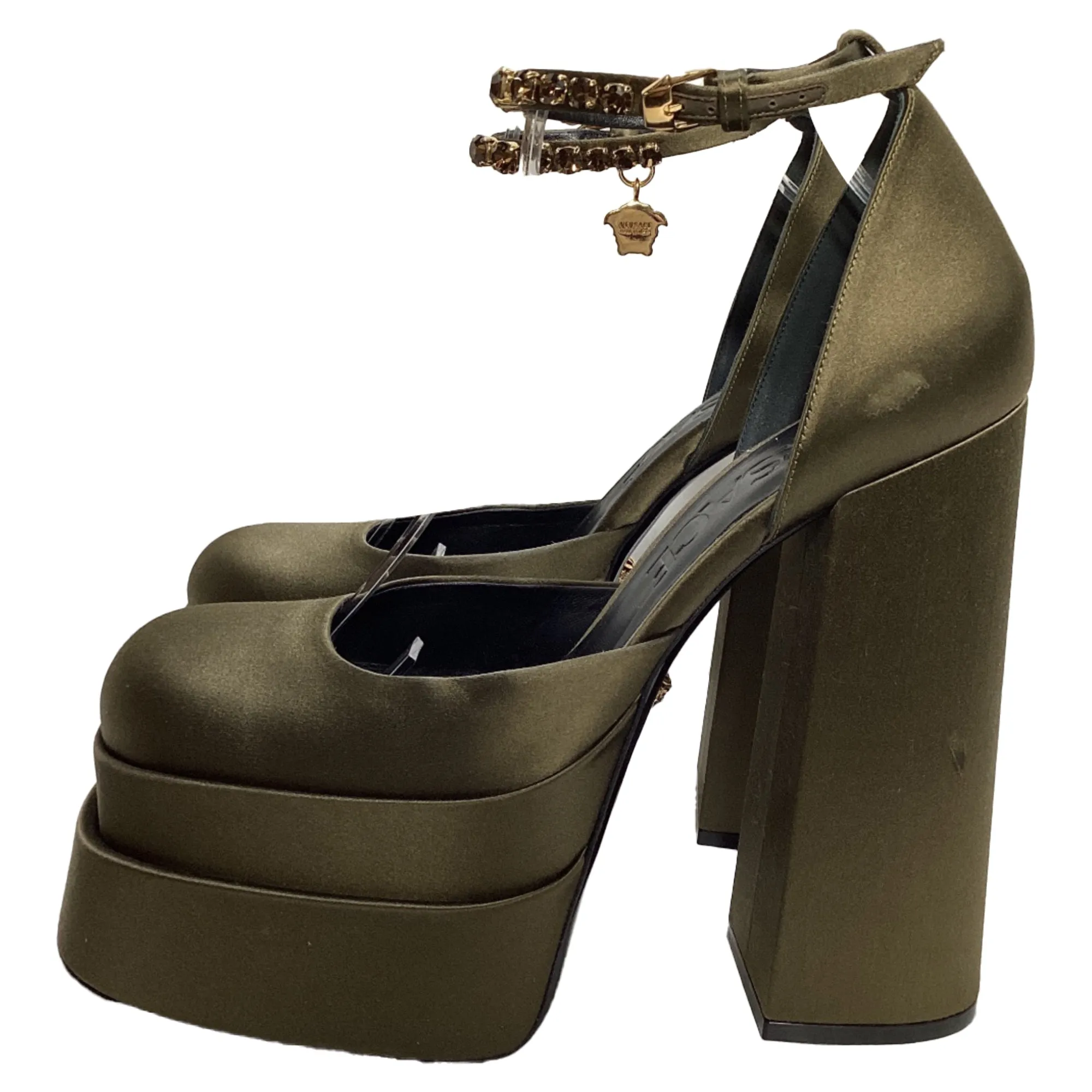 Versace Medusa Aevitas Ankle Strap Platform Pumps in Khaki Satin