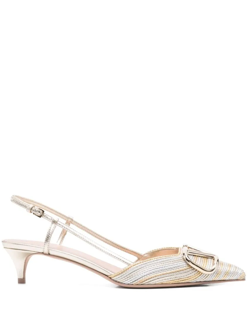 Vlogo Signature Silver Leather Pumps With Pointed Toe And Side Buckle