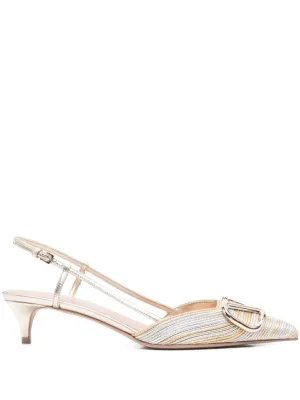 Vlogo Signature Silver Leather Pumps With Pointed Toe And Side Buckle