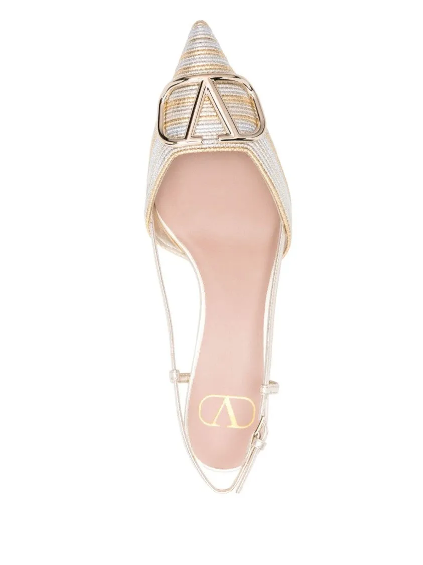 Vlogo Signature Silver Leather Pumps With Pointed Toe And Side Buckle
