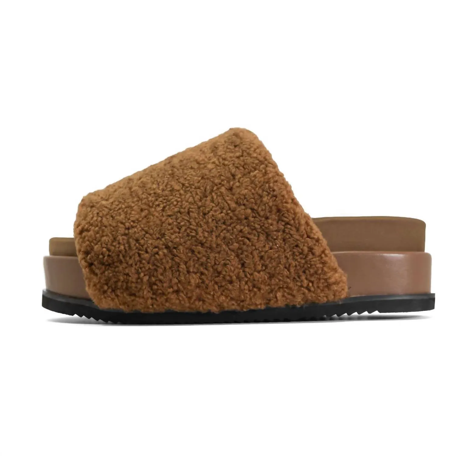 Women's Fuzzy Platform Slide In Cognac