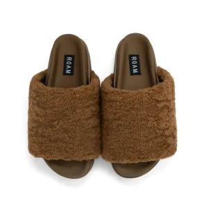 Women's Fuzzy Platform Slide In Cognac