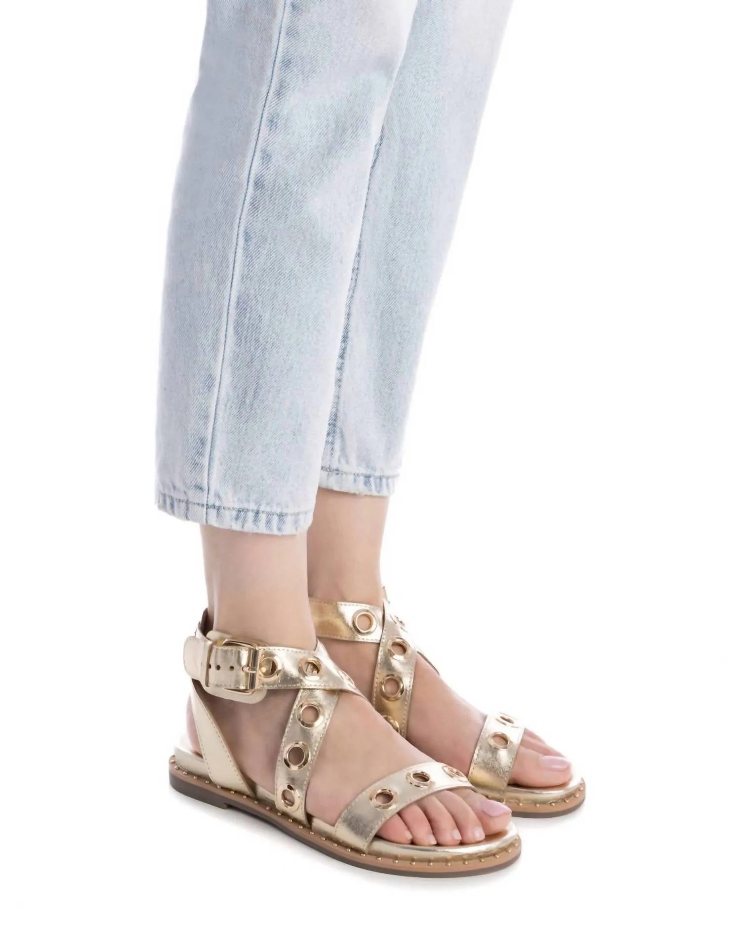 Women's Gladiator Sandal With Eyelet Detail In Gold