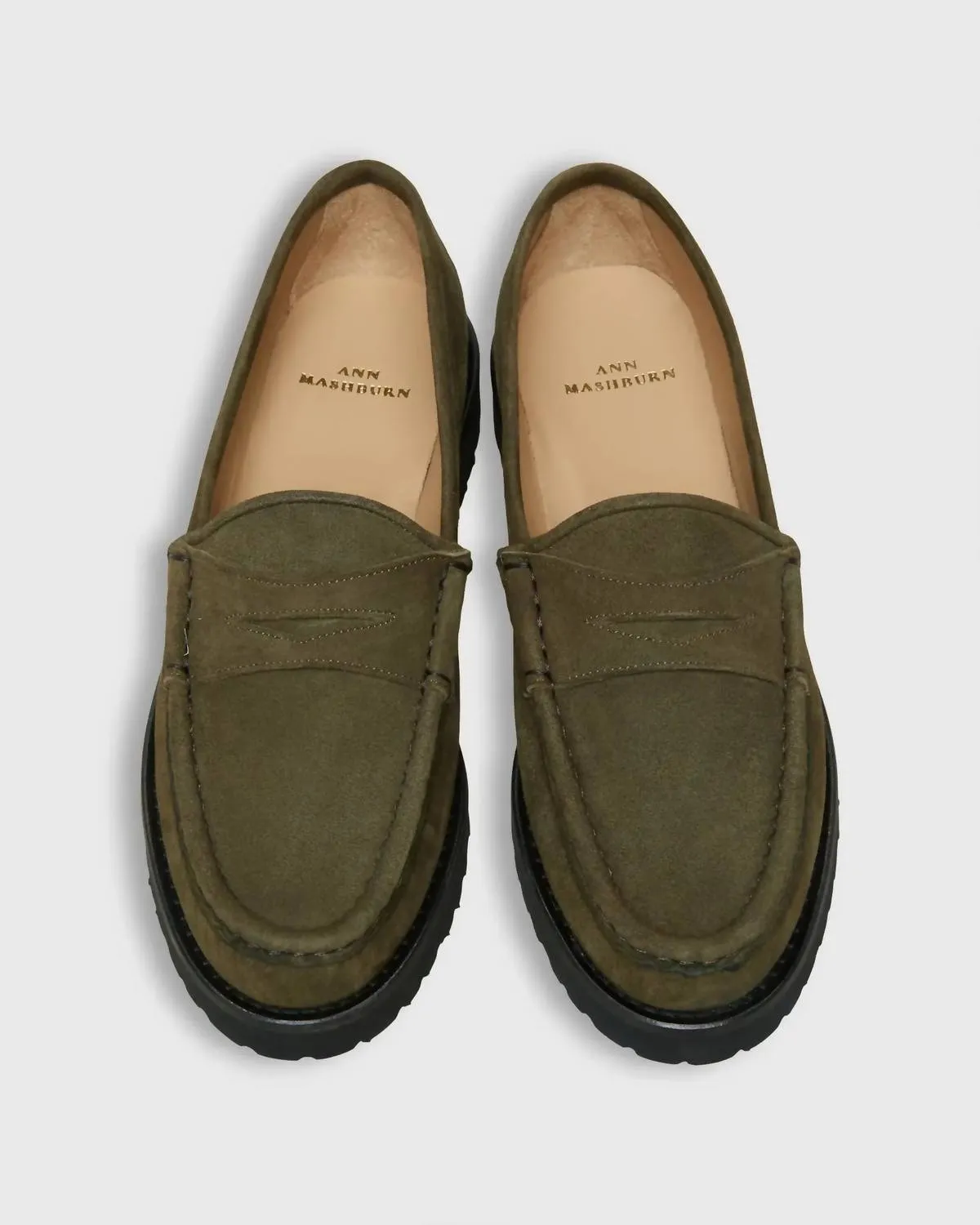 Women's Lug Sole Loafers In Military Suede