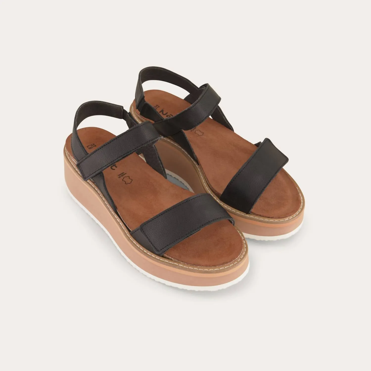 Women's Meringue Wedge Sandal In Soft Black Leather W/ Camel Sole