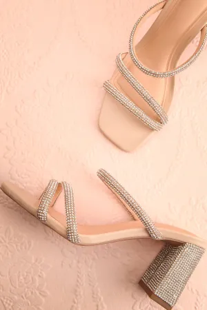 Zephra | Beige Strappy Sandals w/ Crystals